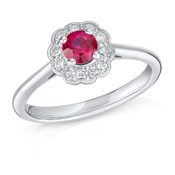 Platinum Four Claw Set Round Cut Ruby and Diamond Floral Cluster Ring