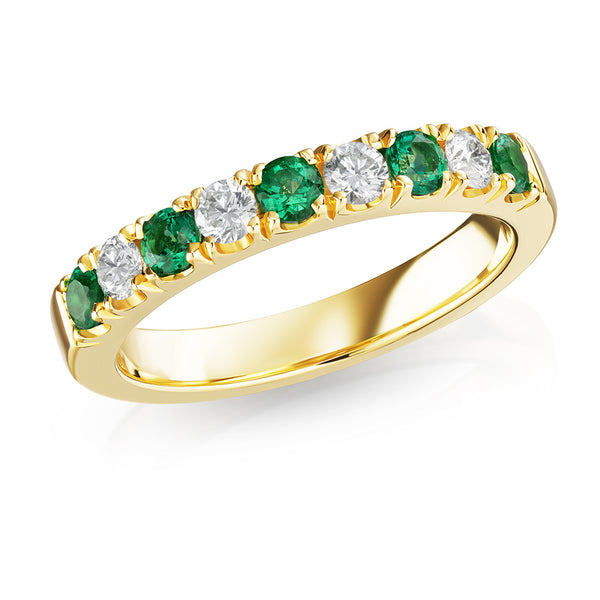 18ct Yellow Gold Four Claw Set Round Cut Emerald and Round Brilliant Cut Diamond Half Eternity Ring