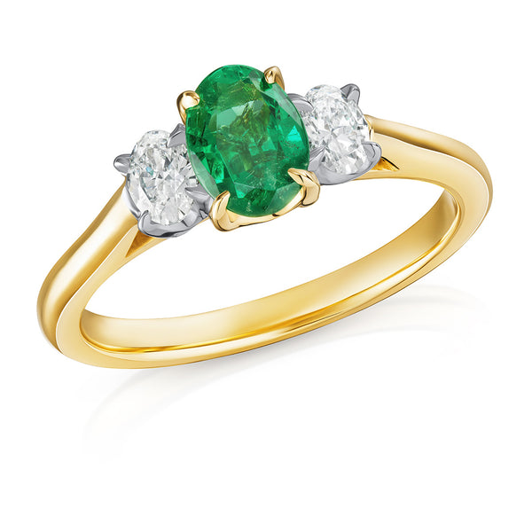18ct Yellow Gold and Platinum Three Stone Four Claw Set Oval Cut Emerald and Oval Cut Diamond Ring