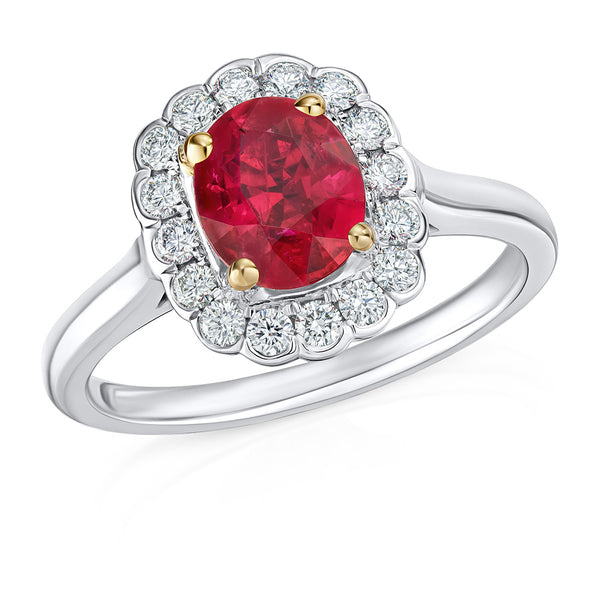 Platinum and 18ct Yellow Gold Four Claw Set Oval Cut Ruby and Diamond Halo Cluster Ring