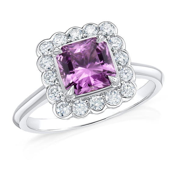 Platinum Four Claw Set Radiant Cut Unheated Pink Sapphire and Round Brilliant Cut Diamond Halo Cluster Ring