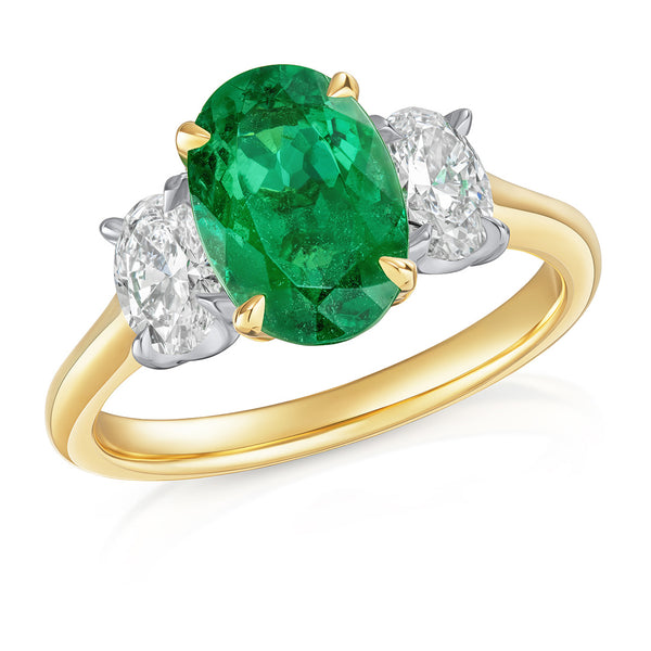 18ct Yellow Gold and Platinum Three Stone Four Claw Set Oval Cut Emerald and Oval Cut Diamond Ring