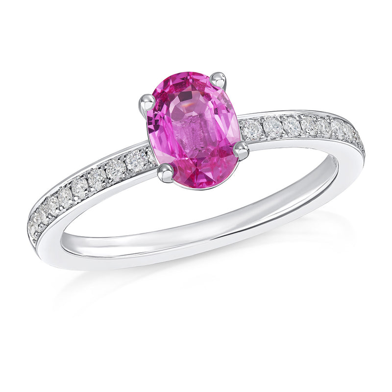 18ct White Gold Solitaire Four Claw Set Oval Cut Pink Sapphire Ring