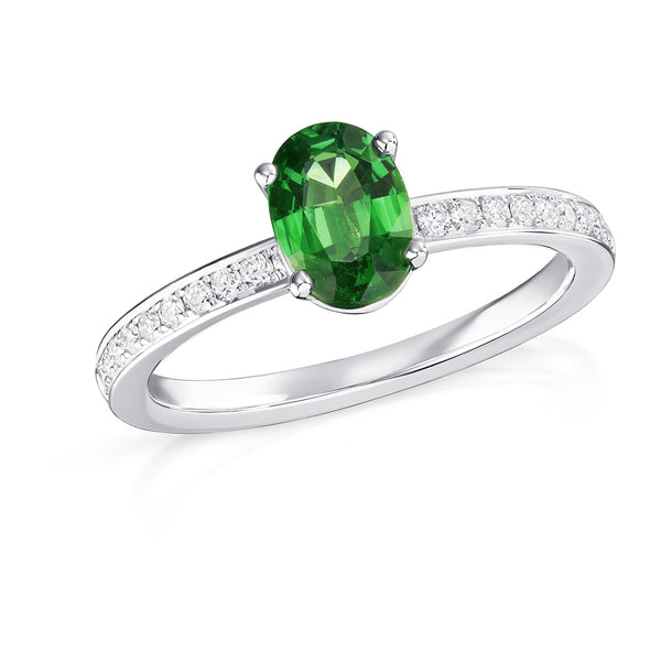18ct White Gold Four Claw Set Oval Cut Tsavorite Ring