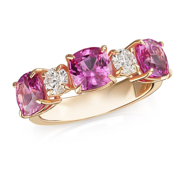 18ct Rose Gold Five Stone Four Claw Set Cushion Cut Pink Sapphire and Round Brilliant Cut Diamond Ring