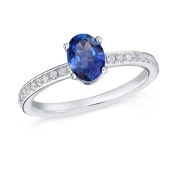 18ct White Gold Four Claw Set Oval Cut Sapphire Ring