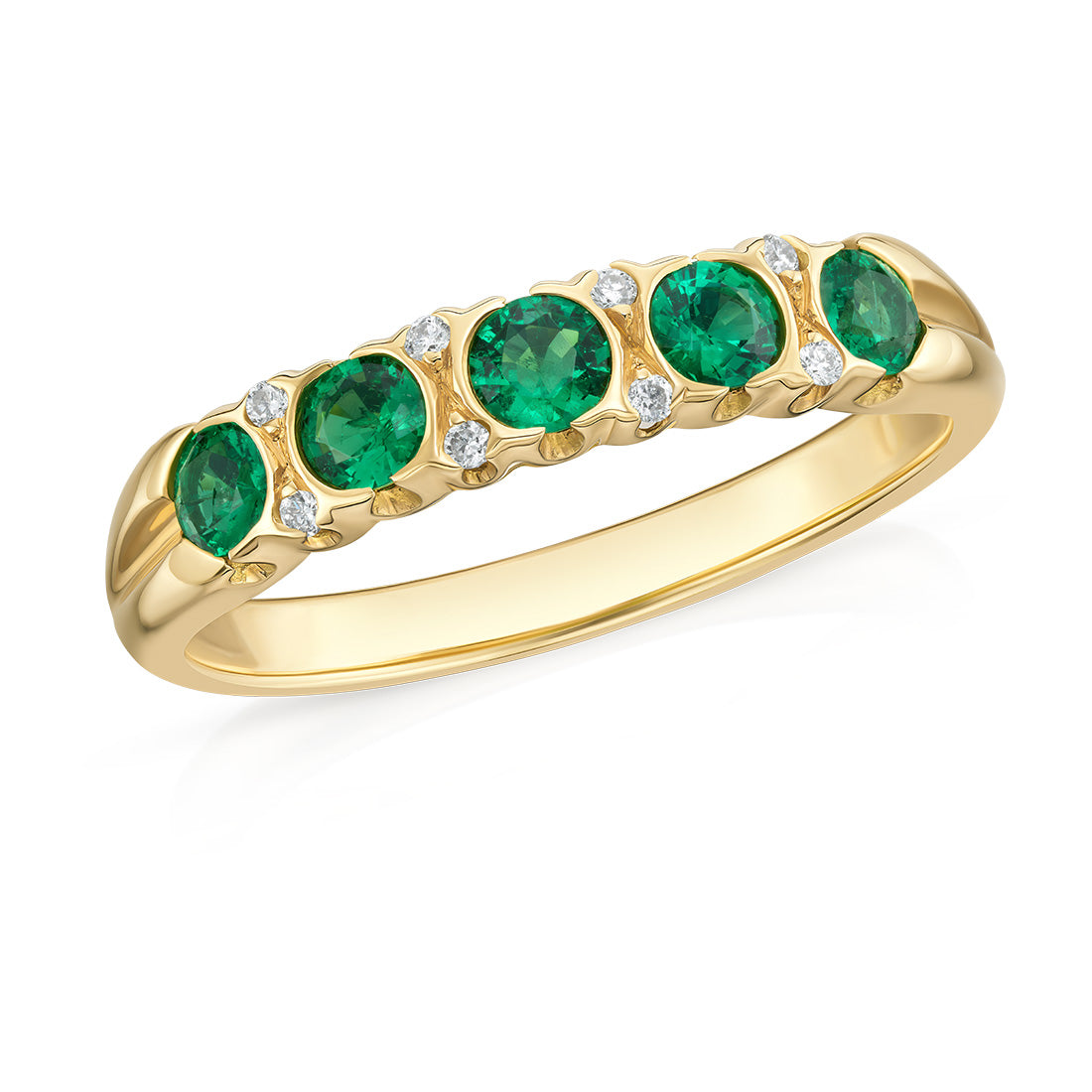 18ct Yellow Gold Semi-Rub Set Round Cut Emerald and Round Brilliant Cu ...
