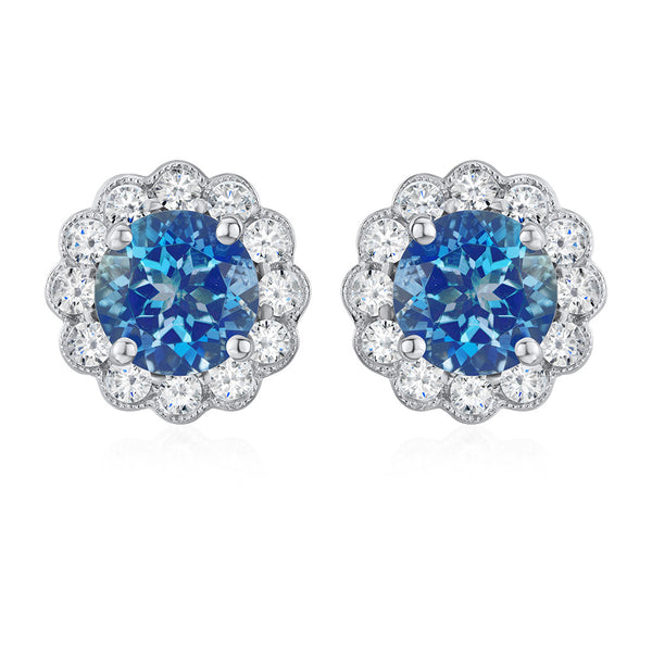 18ct White Gold Four Claw Set Round Cut Aquamarine and Round Brilliant Cut Diamond Cluster Stud Earrings