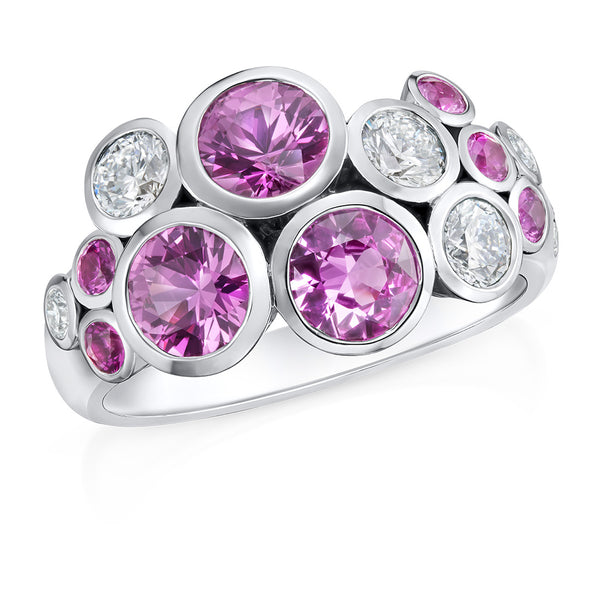 18ct White Gold Rub Set Round Cut Pink Sapphire and Round Brilliant Cut Diamond Cluster Ring