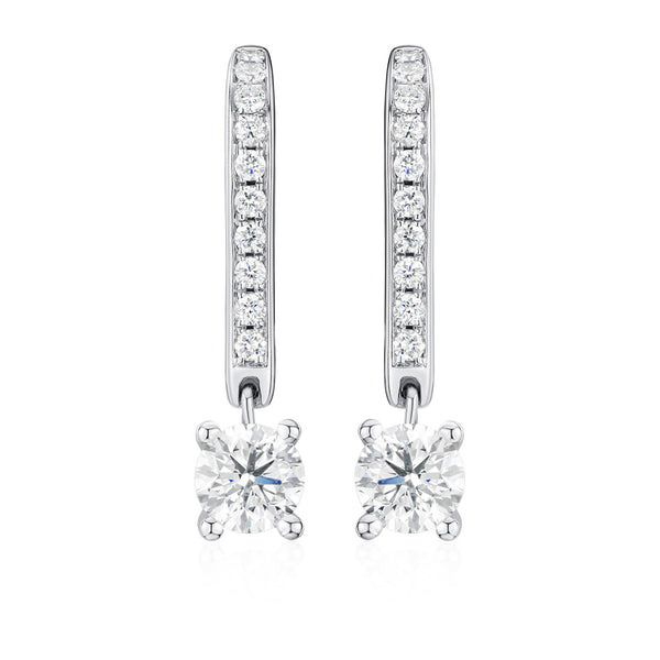18ct White Gold Four Claw Set Round Brilliant Cut Diamond Drop Earrings