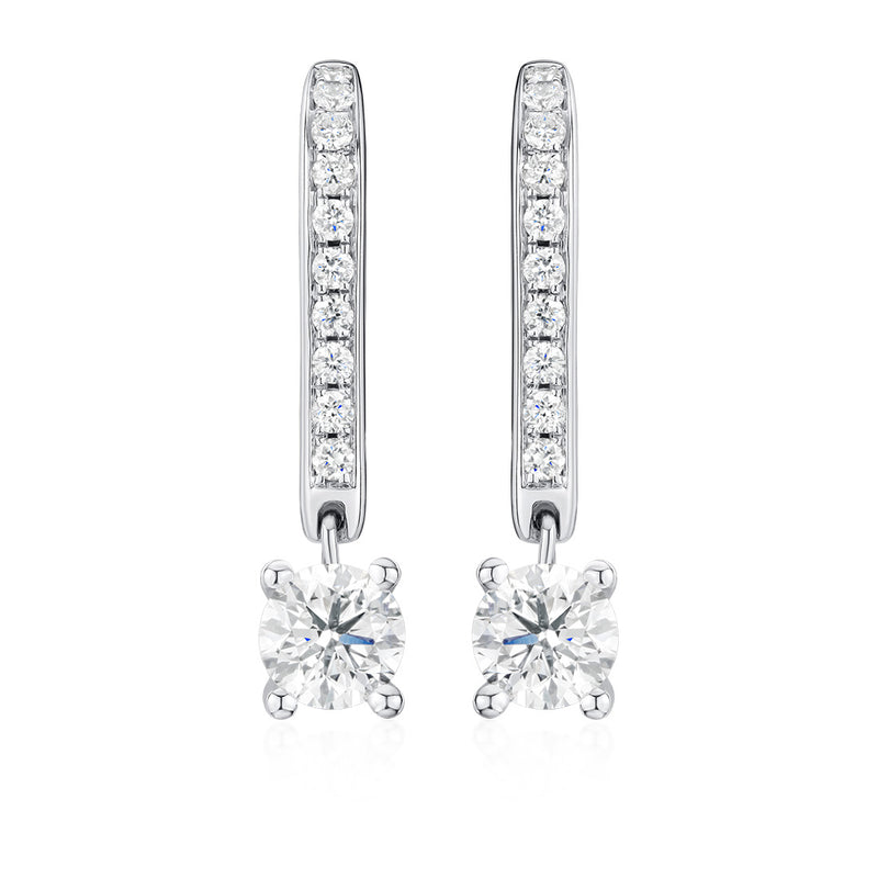18ct White Gold Four Claw Set Round Brilliant Cut Diamond Drop Earrings