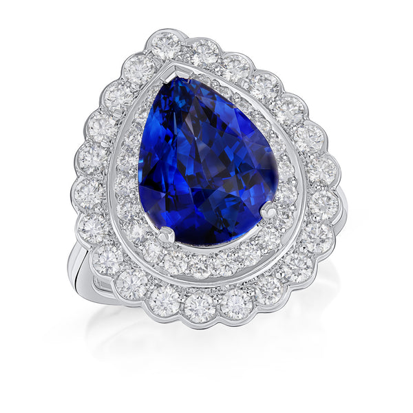 Platinum Three Claw Set Pear Shaped Sapphire and Round Brilliant Cut Diamond Double Halo Cluster Ring