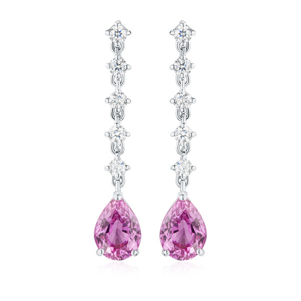 18ct White Gold Three Claw Set Pear Shaped Pink Sapphire and Round Brilliant Cut Diamond Drop Earrings