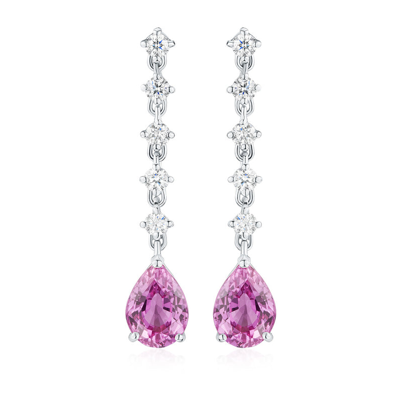 18ct White Gold Three Claw Set Pear Shaped Pink Sapphire and Round Brilliant Cut Diamond Drop Earrings