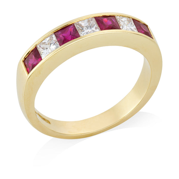 18ct Yellow Gold Channel Set Square Cut Ruby and Princess Cut Diamond Half Eternity Ring
