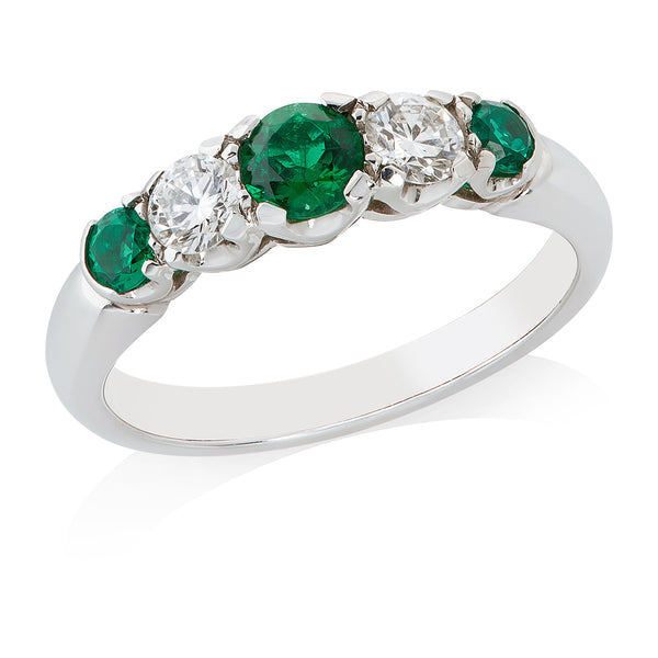 Platinum Four Claw Set Round Cut Emerald and Round Brilliant Cut Diamond Half Eternity Ring