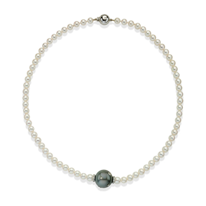 18ct White Gold Akoya Cultured Pearl, Tahitian Cultured Pearl and Diamond Necklace