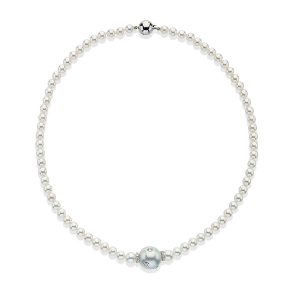 18ct White Gold Akoya Cultured Pearl, South Sea Cultured Pearl and Diamond Necklace