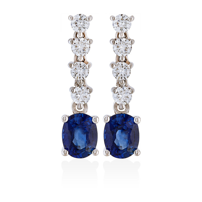 18ct White Gold Four Claw Set Oval Cut Sapphire and Round Brilliant Cut Diamond Drop Earrings