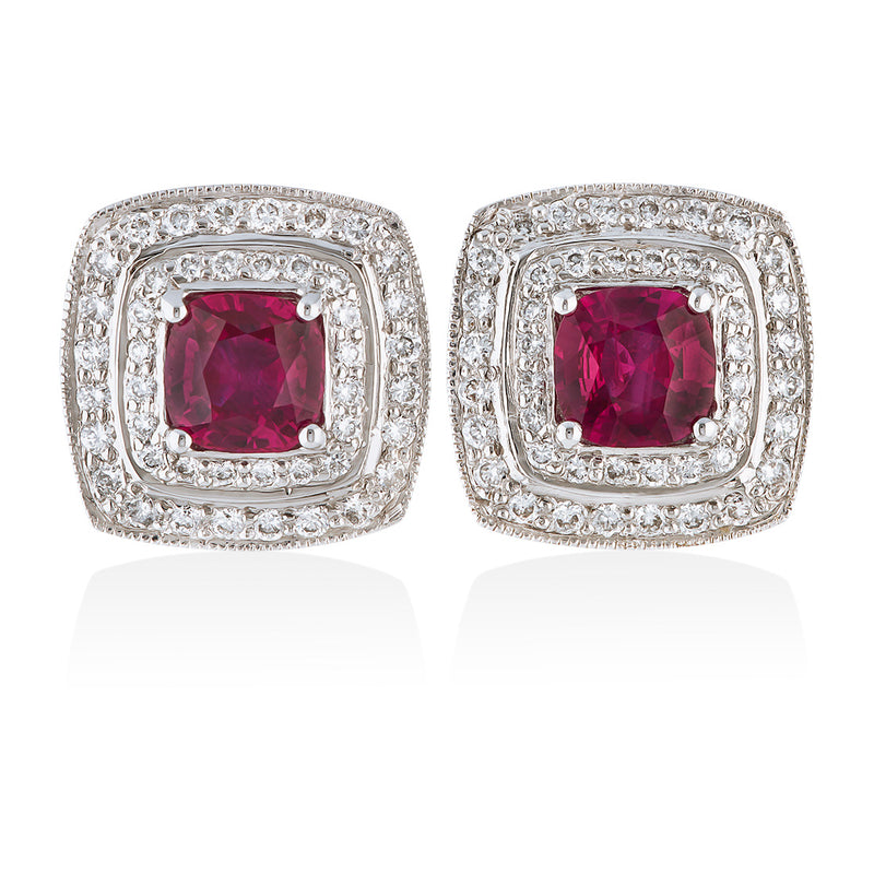 18ct White Gold Cushion Cut Ruby and Round Brilliant Cut Diamond Double Halo Cluster Stud Earrings