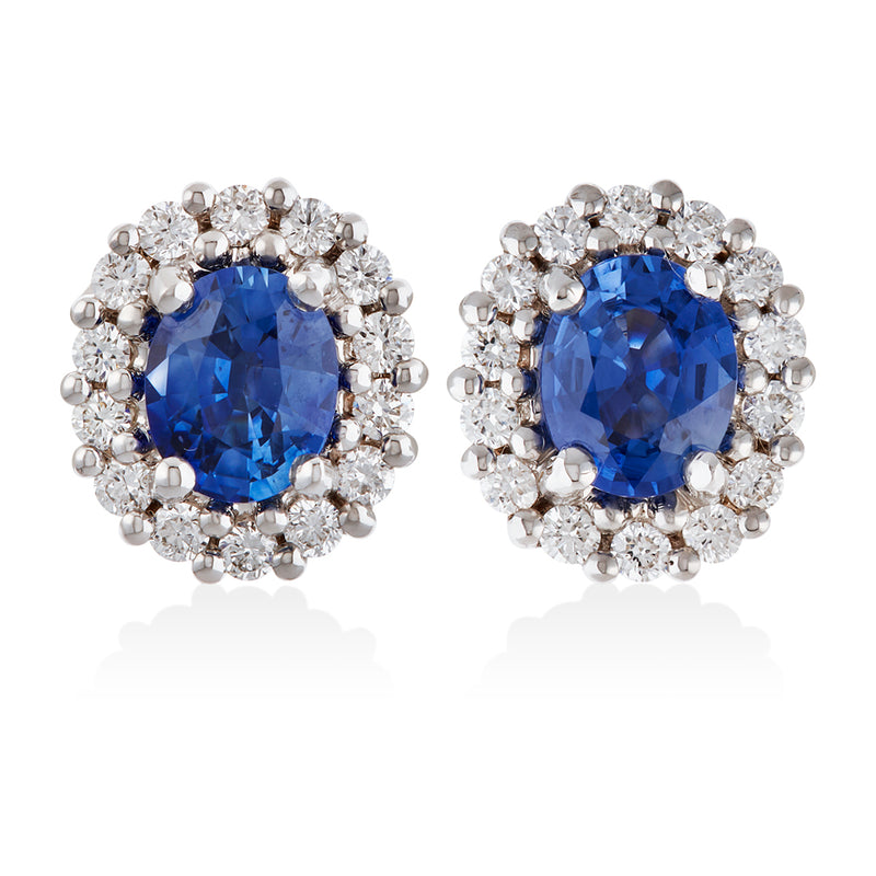 18ct White and Yellow Gold Four Claw Set Oval Cut Sapphire and Round Brilliant Cut Diamond Halo Cluster Stud Earrings
