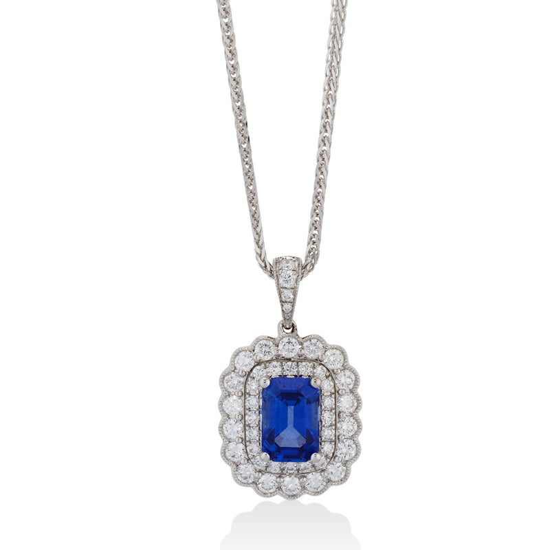18ct White Gold Sapphire and Diamond Double Halo Cluster Pendant and Chain