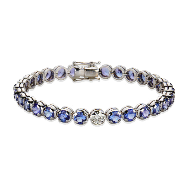 18ct White Gold Round Cut Tanzanite and Round Brilliant Cut Diamond Line Bracelet