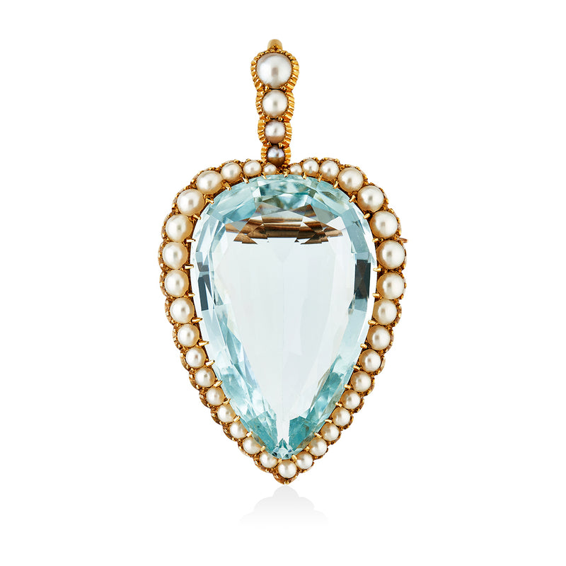 Antique Yellow Gold Claw and Cut Down Set Pear Shaped Aquamarine and Pearl Victorian Pendant/Brooch