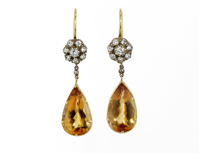 Antique Art Nouveau Yellow Gold and Silver Claw Set Pear Shaped Topaz and Old Cut Diamond Drop Earrings