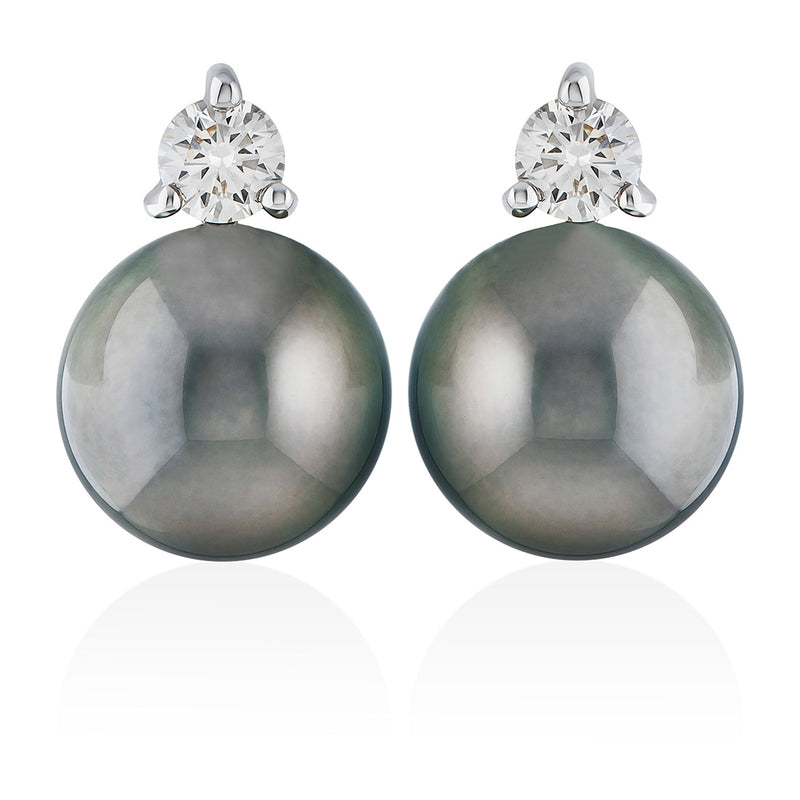 18ct White Gold Tahitian Cultured Pearl and Round Brilliant Cut Diamond Stud Earrings