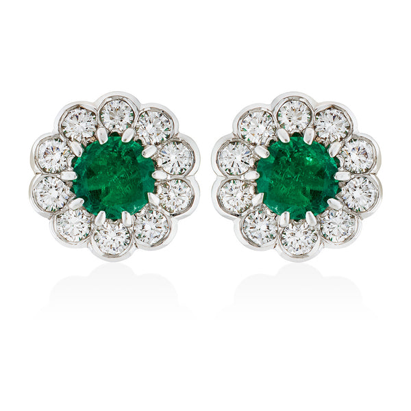 18ct White and Yellow Gold Ten Claw Set Round Cut Emerald and Round Brilliant Cut Diamond Stud Earrings