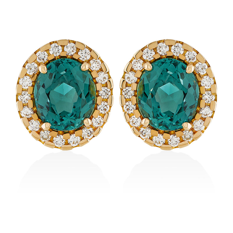 18ct Rose Gold Oval Cut Green / Blue Tourmaline and Round Brilliant Cut Diamond Halo Cluster Stud Earrings