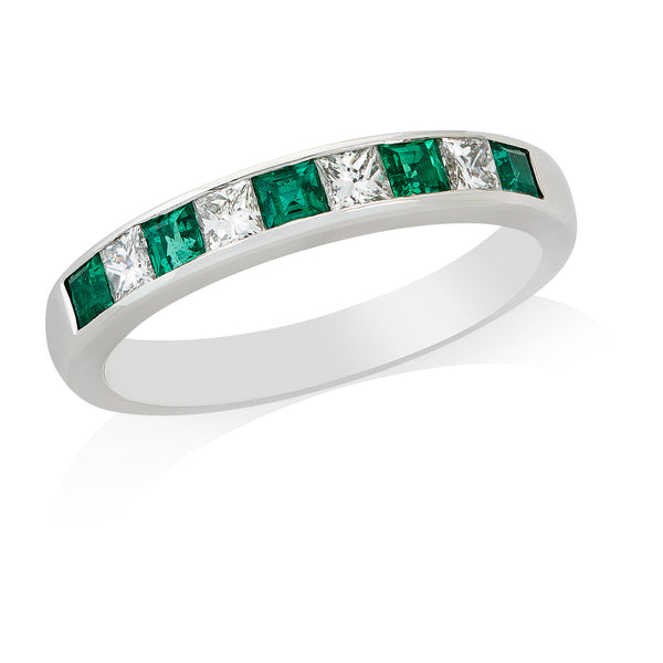 Platinum Channel Set Square Cut Emerald and Princess Cut Diamond Half Eternity Ring