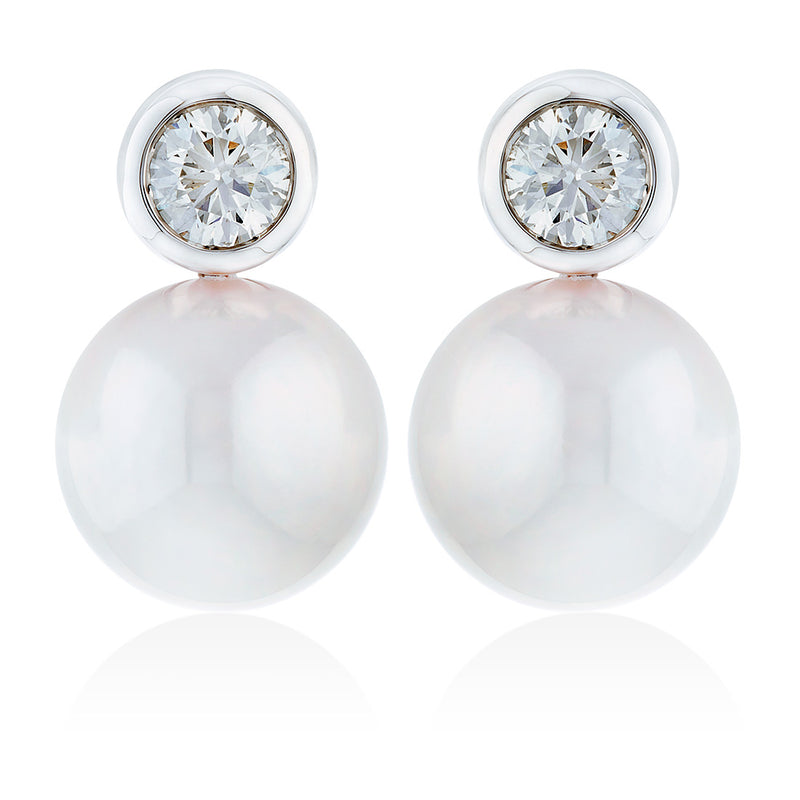 18ct White Gold Akoya Cultured Pearl and Round Brilliant Cut Diamond Stud Earrings