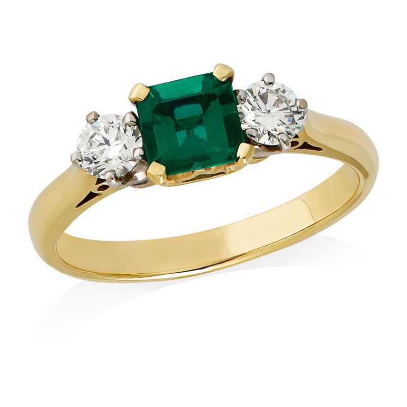 18ct Yellow and White Gold Three Stone Princess Cut Emerald and Round Brilliant Cut Diamond Ring