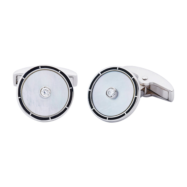 18ct White Gold Claw Set Round Brilliant Cut Diamond Mother of Pearl Cufflinks