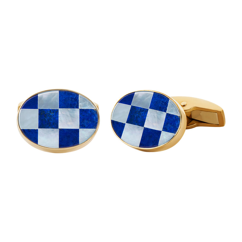 9ct Yellow Gold Lapis Mother of Pearl Checkerboard Cufflinks
