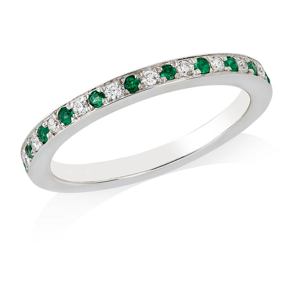 Platinum Grain Set Round Cut Emerald and Round Brilliant Cut Diamond Half Eternity Ring