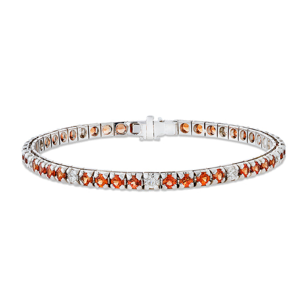 18ct White Gold Round Cut Orange Sapphire and Round Brilliant Cut Diamond Line Bracelet
