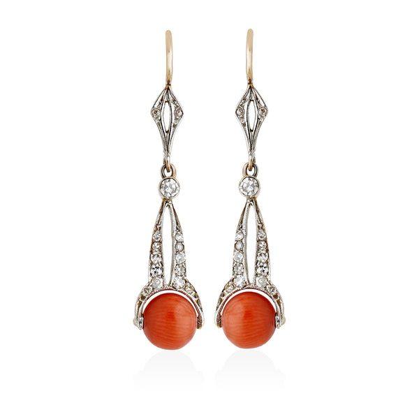 Antique Art Deco Yellow and White Gold Coral and Eight Cut Diamond Drop Earrings