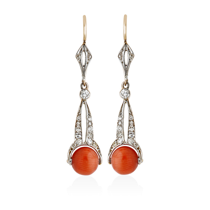 Antique Art Deco Yellow and White Gold Coral and Eight Cut Diamond Drop Earrings