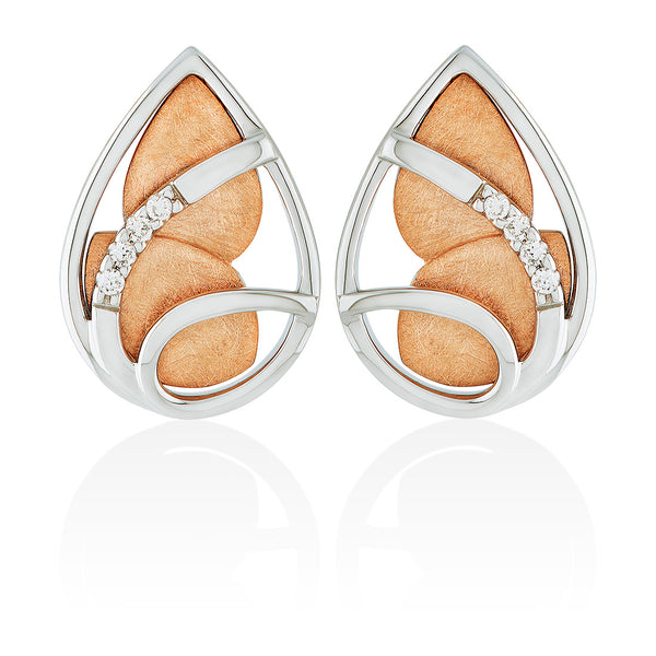18ct Rose and White Gold Grain Set Round Brilliant Cut Diamond Leaf Stud Earrings