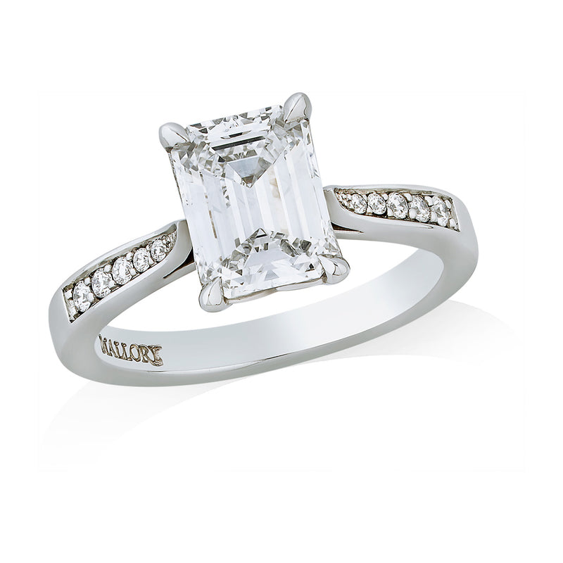 Mallory Victoria Platinum Solitaire Four Claw Set Emerald Cut Diamond Ring