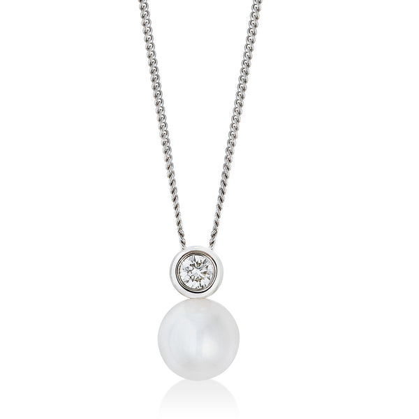 18ct White Gold Akoya Cultured Pearl and Diamond Pendant and Chain