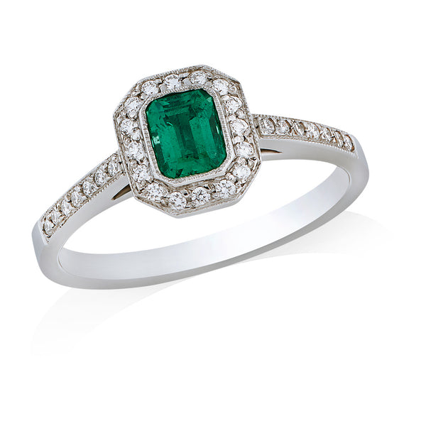18ct White Gold Emerald Cut Emerald and Round Brilliant Cut Diamond Halo Cluster Ring