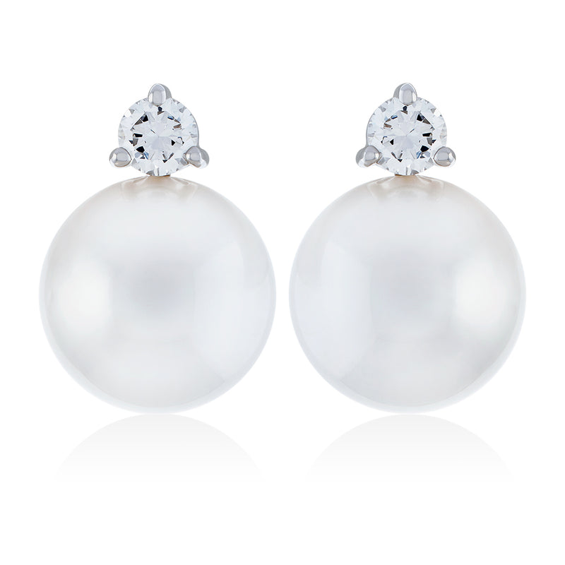 18ct White Gold South Sea Cultured Pearl and Round Brilliant Cut Diamond Stud Earrings