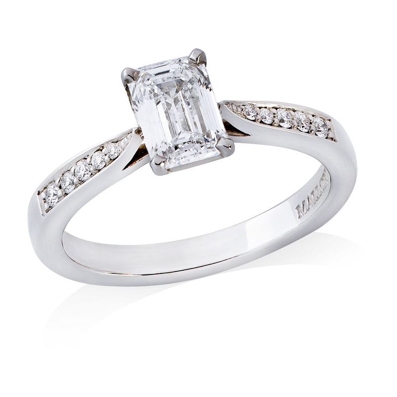 Victoria Platinum Single Stone Four Claw Set Emerald Cut Diamond Ring