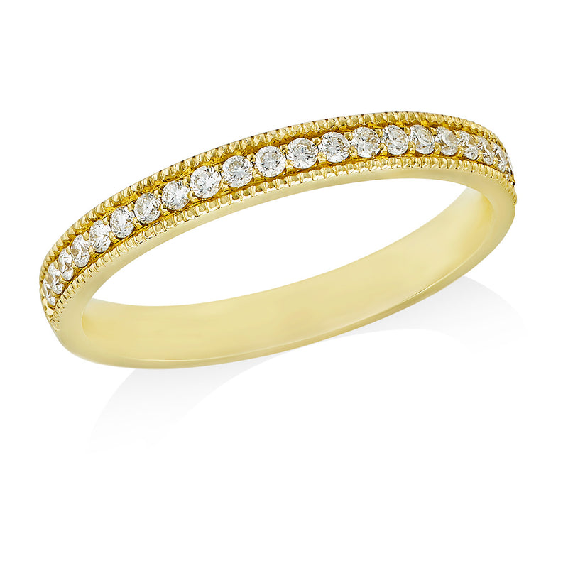 18ct Yellow Gold Polished Milgrain Edge Grain Set Round Brilliant Cut Diamond Flat Court Wedding Ring