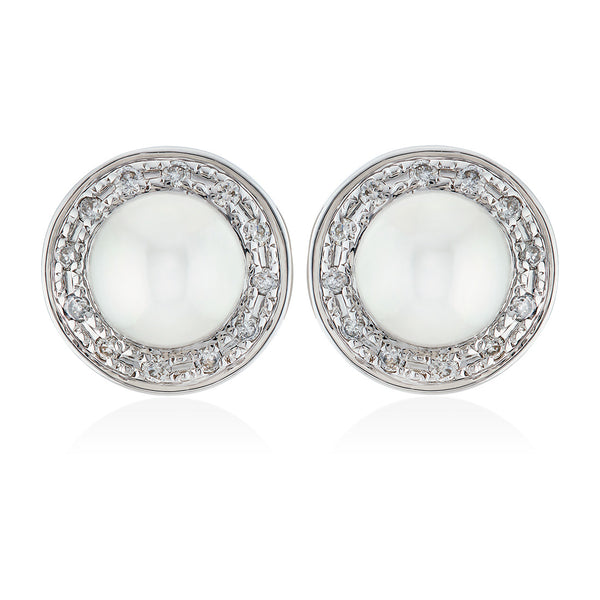 18ct White Gold Akoya Cultured Pearl and Round Brilliant Cut Diamond Halo Cluster Stud Earrings