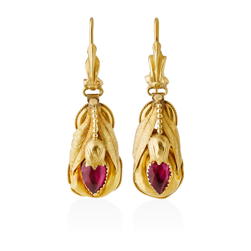 Antique Victorian Yellow Gold Pear Shaped Red Paste Drop Earrings